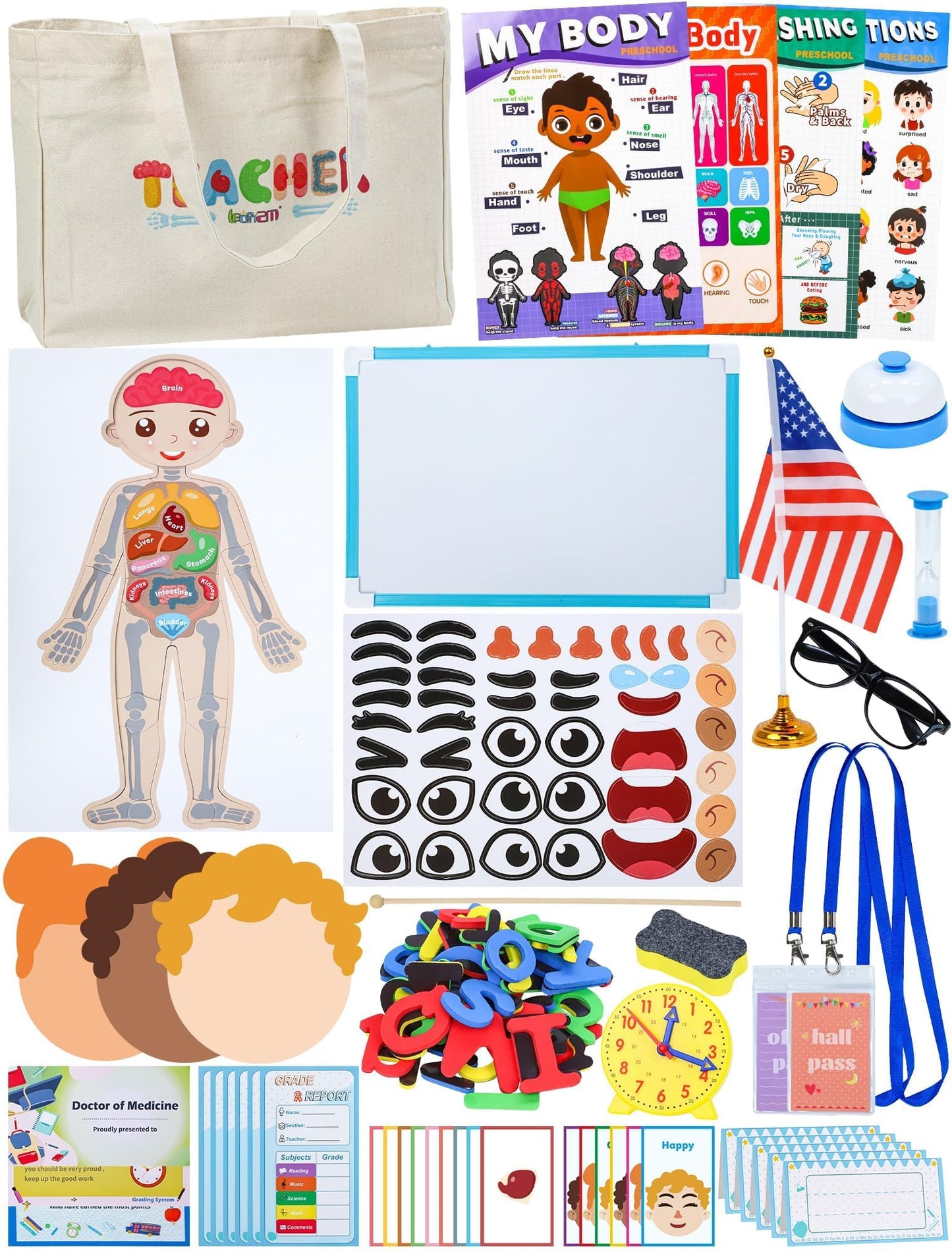 Learn2M Pretend Play Teacher Sets for Kids, Role Pretend Play Kids School Toys with Whiteboard, Teacher Bag, Magnetic Puzzles, Clock, Posters and Teacher Supplies Classroom Learning Set