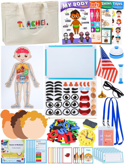 Learn2M Pretend Play Teacher Sets for Kids, Role Pretend Play Kids School Toys with Whiteboard, Teacher Bag, Magnetic Puzzles, Clock, Posters and Teacher Supplies Classroom Learning Set