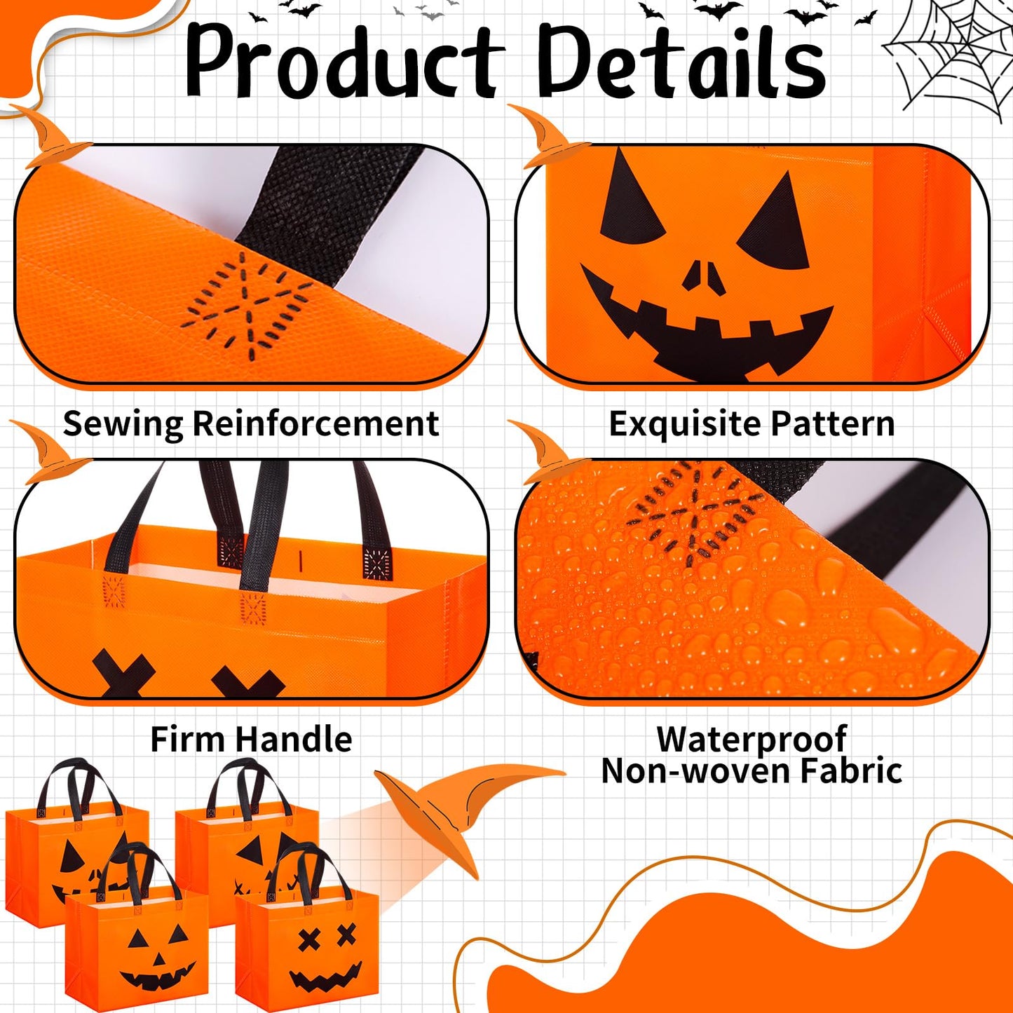 Lincia 24 Pcs Halloween Non Woven Pumpkin Bag 12.6 x 9.8 Inch Reusable Trick or Treat Gift Candy Goodie Handles Bag for Halloween Birthday Party Favors Classroom