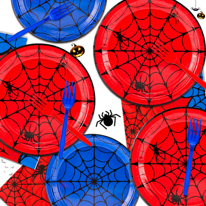 JarThenaAMCS 96 Pcs Spider Tableware Sets Serves 24 Guests Red Blue Spider Web Plates Napkins Forks Disposable Dinnerware for Halloween Birthday Party Favors
