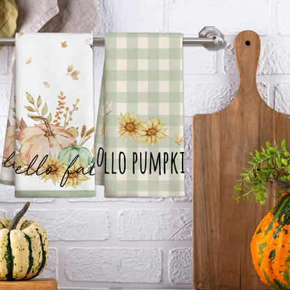 RPLCSPC Hello Fall Decorative Kitchen Towel Gift, Pumpkin Floral Dish Towels, Birthday Housewarming Gift Ideas for Family Friends, Farmhouse Home Fall Seasonal Decoration(Set of 2)-C13