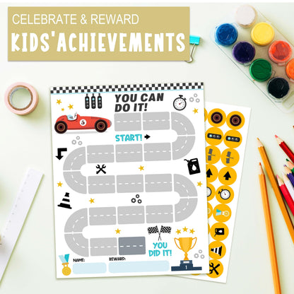 10 Racing Car Reward Chart with 216 Round Stickers, Incentive Behavior Chart for Kids at Home Classroom, Kids Routine Daily Chore Sticker Chart-A08