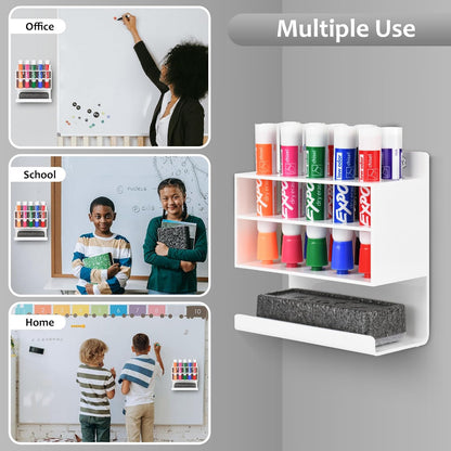 Dry Erase Marker Holder, 2 PCS Wall Mounted Acrylic Marker Holder with 10 Slots, Sticky Pen Storage for Classroom Organization, Whiteboard, Office, White