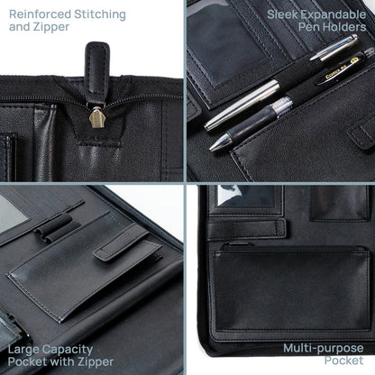 POPRUN Professional Zippered Portfolio Binder - Leather Padfolio Organizer with Notepad, Tablet Sleeve & Handles for Business, Meetings, Interviews, and Daily Office Use, Black