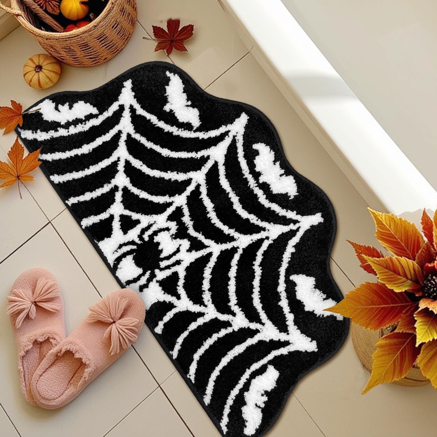 Hexagram Spider Web Bath Mat, Halloween Bathroom Rug 14x27.5 Inches, Halloween Rugs Bathroom Decor, Black Gothic Bath Mat, Ultra Soft Great Absorbency