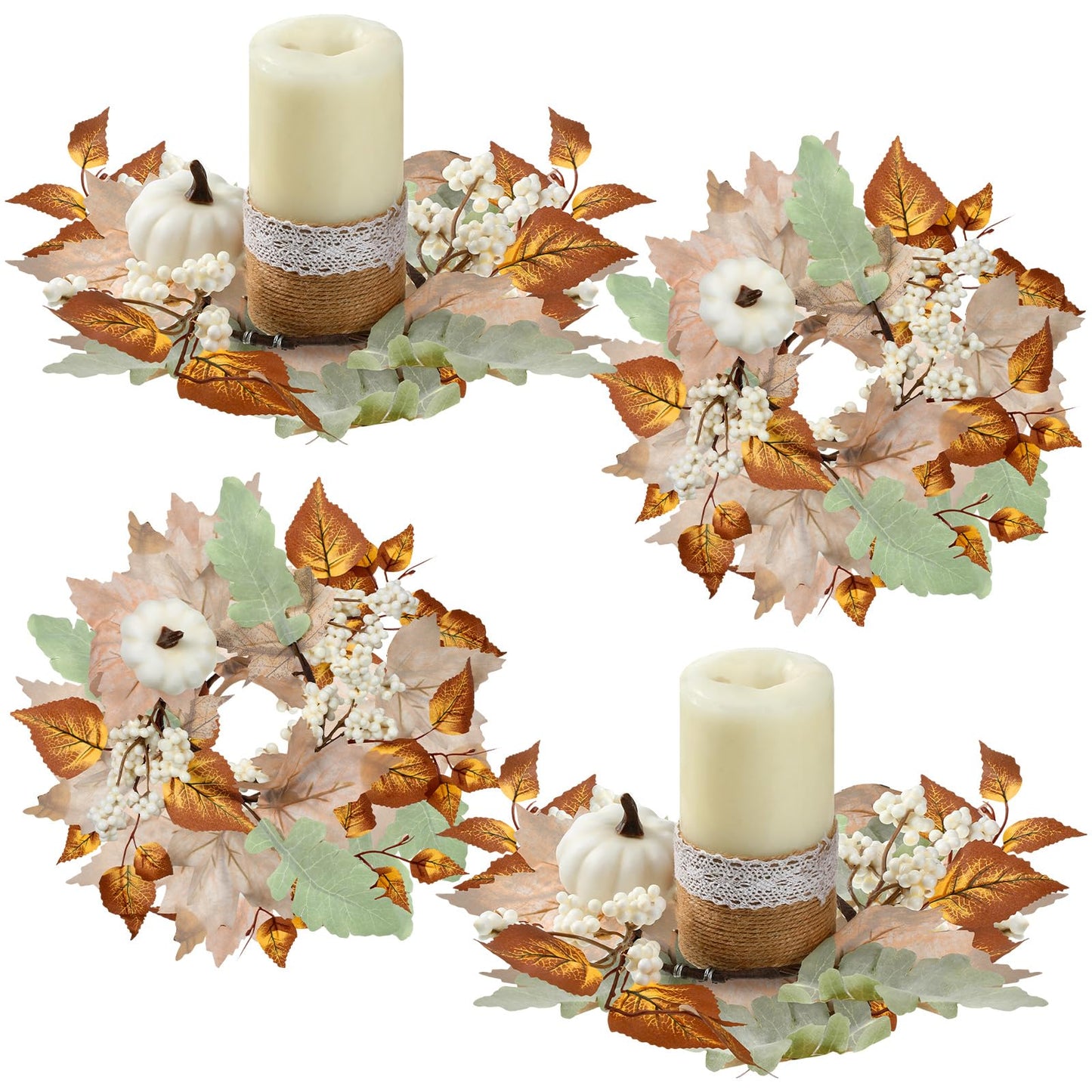 Qinyoung 4 Pieces Thanksgiving Fall Candle Rings Center Fall Candle Rings Wreath Thanksgiving Autumn Decorative Artificial Maple Leaf Holder for Centerpiece Festival Party Decoration