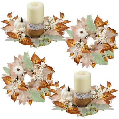 Qinyoung 4 Pieces Thanksgiving Fall Candle Rings Center Fall Candle Rings Wreath Thanksgiving Autumn Decorative Artificial Maple Leaf Holder for Centerpiece Festival Party Decoration