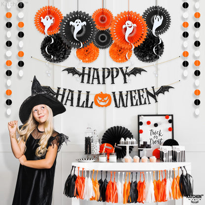 KatchOn, Halloween Banner & Fringe Set-Pack of 23 | Paper Fan Glittery Happy Halloween Garlands, Ghost Hanging Swirls with Paper Lanterns & Honeycomb Set | Perfect for halloween Party.