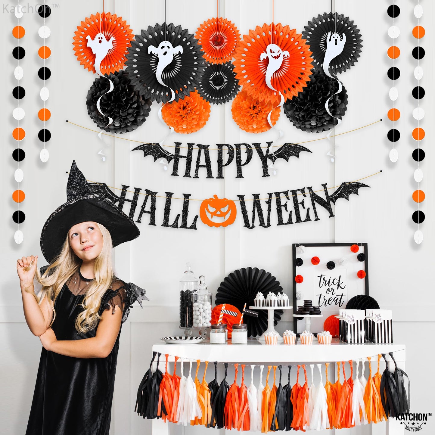 Halloween Party Decoration Set - Pack of 17 and XtraLarge Carnival Backdrop - 72x44 Inch | Halloween Pompom, Happy Halloween Garlands, Halloween Party Decorations | Halloween Carnival Decorations