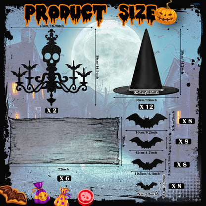Dunzoom 52 Pcs Halloween Chandelier Decoration Hanging Ceiling Decorations Haunted House Including Skull Glitter Cardboard Ceiling Witch Hat Bat Horror Mesh for Halloween Haunted House Indoor Party