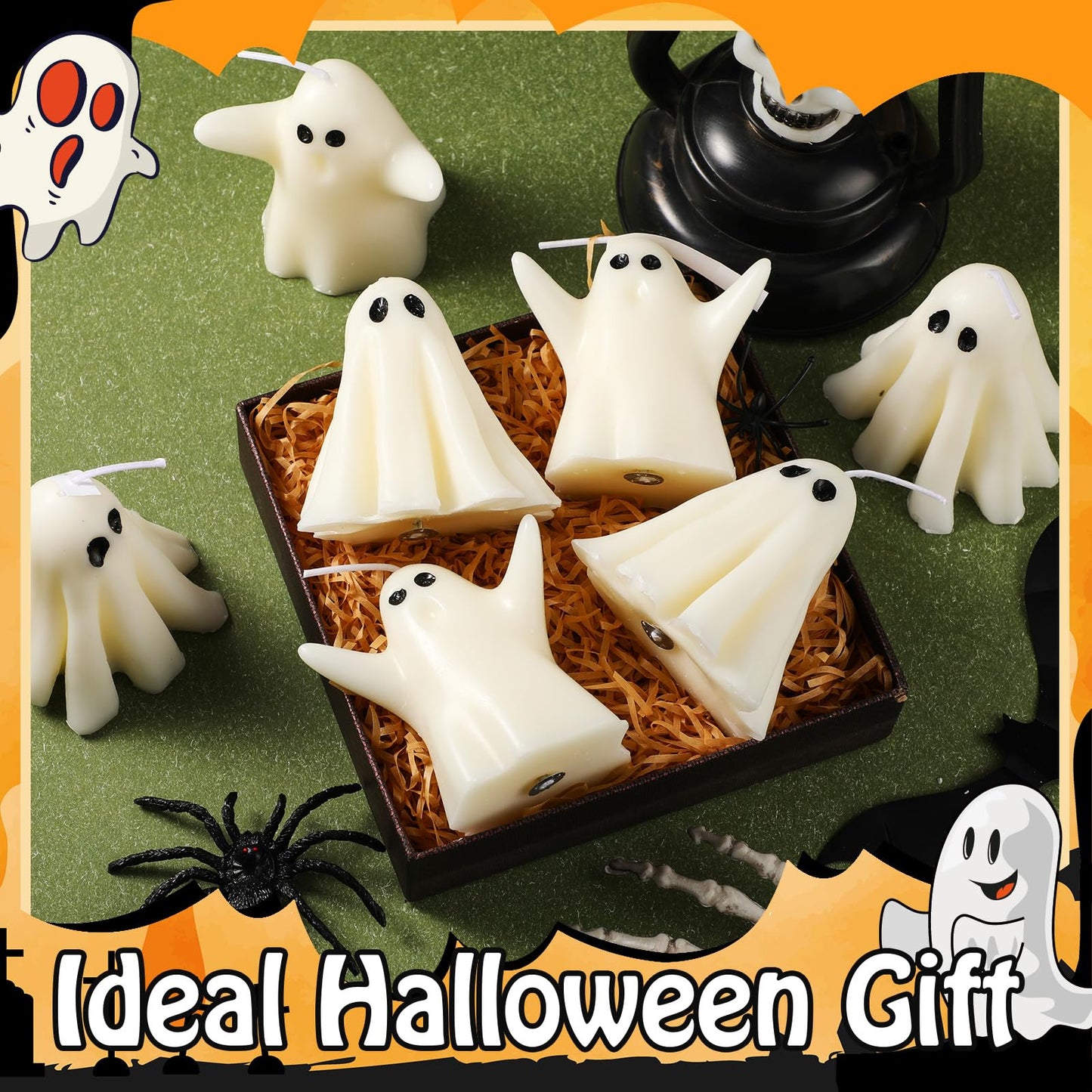 Conelist 6 Pieces Halloween Large Ghost Candles White Spooky Scented Halloween Candles Horror Gifts Candle Tea Lights Goth Room Decor for Summer Dining Table Party Bedroom(Cute Style,White)