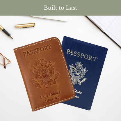 ZAHANAARA Passport Holder for Travel | Premium Leather Passport Cover & Protector | Stylish Travel Document Organizer with Embossed US Seal | Unisex Case with Slots for Cards & Boarding Passes - Brown