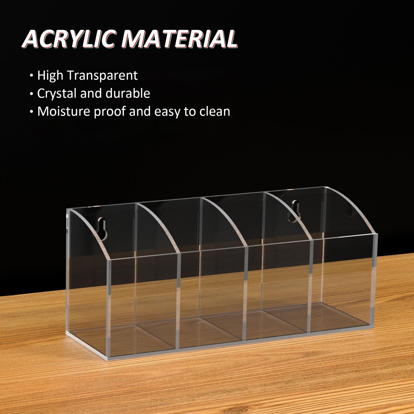 Hexsonhoma Acrylic Pen Holder Organizer 4 Compartments, Clear Makeup Brush Holder, No Drill Wall Mounting Pencil Holder for Office Accessories