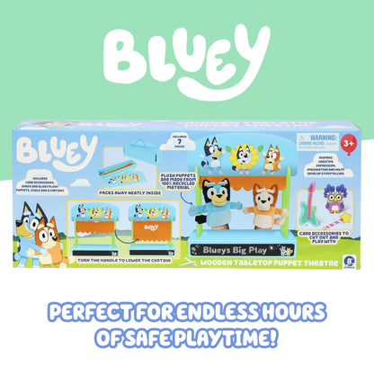 Bluey Wooden Puppet Theater for Kids Playset, 20" Kids Pretend Stage Puppets, Interchangeable Fabric Backdrops & Roll-Down Curtain