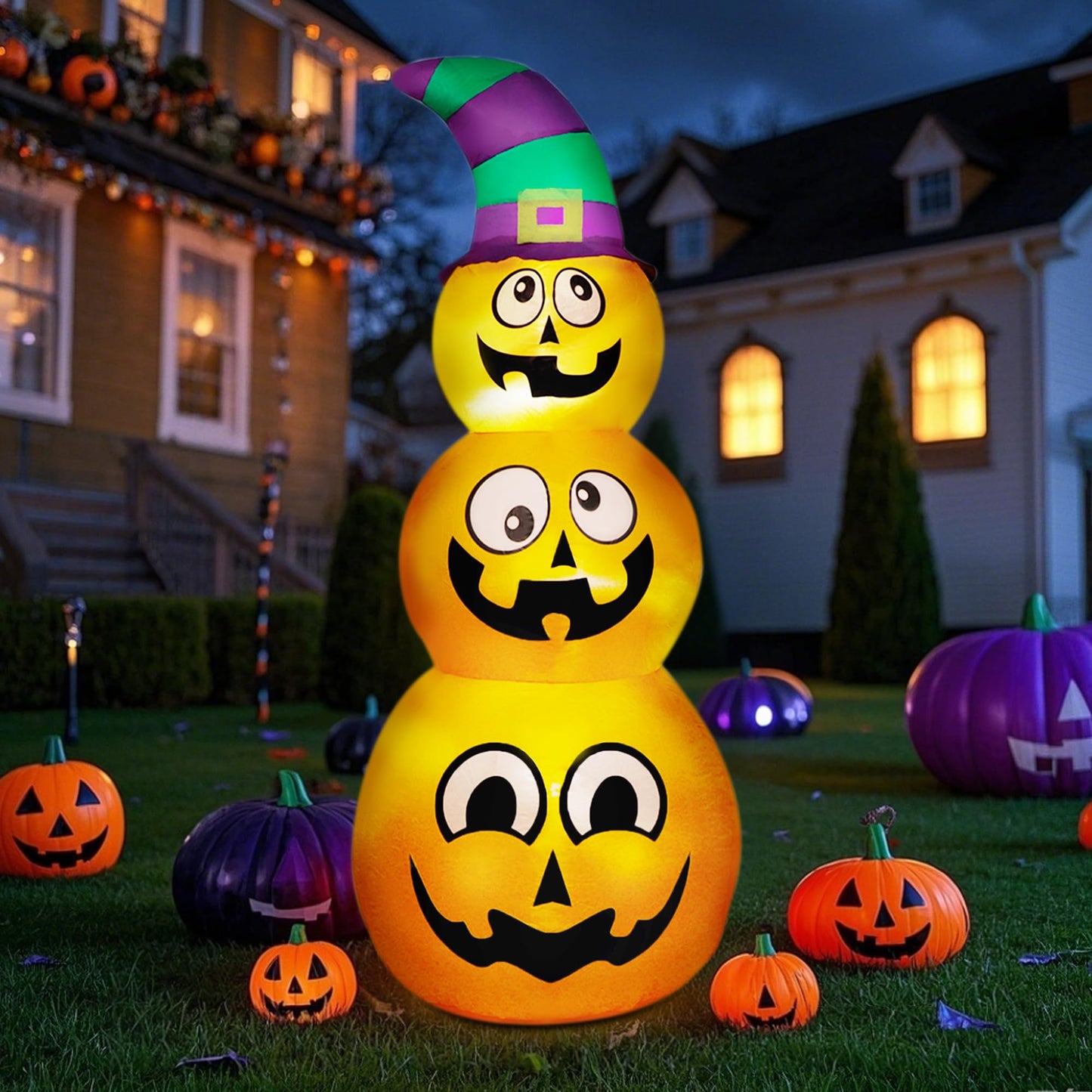 Prsildan Halloween Inflatables Stacked Pumpkins with Witch Hat, 5 Ft Blow up Outdoor Decoration with Build-in LED Lights for Garden Yard Lawn Holiday Party