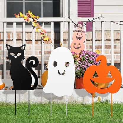 Lingvee 3 Pack Halloween Decorations Outdoor Metal Halloween Garden Stakes Metal Ghost Pumpkins Black Cat Yard Signs Decor for Outside Garden Lawn Porch Patio Party Decorations(Mixed Style)