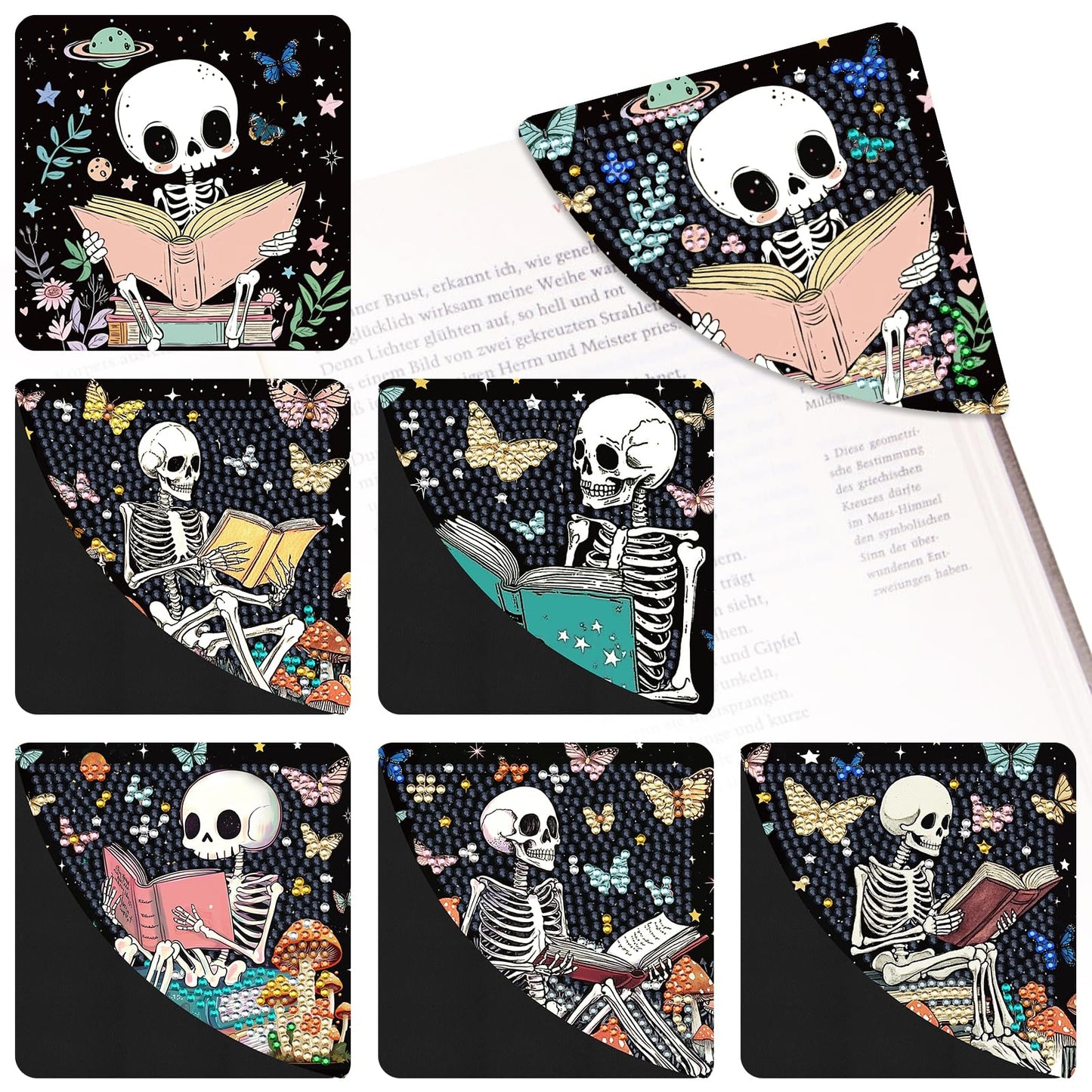 INCOK Skull Diamond Art Bookmarks - 6 Pcs DIY Diamond Painting Corner Bookmarks Kits Double Side Art Craft Supplies Birthday The Day of Dead Gift for Adults Beginners Book Lovers Skull Lovers Mexicans