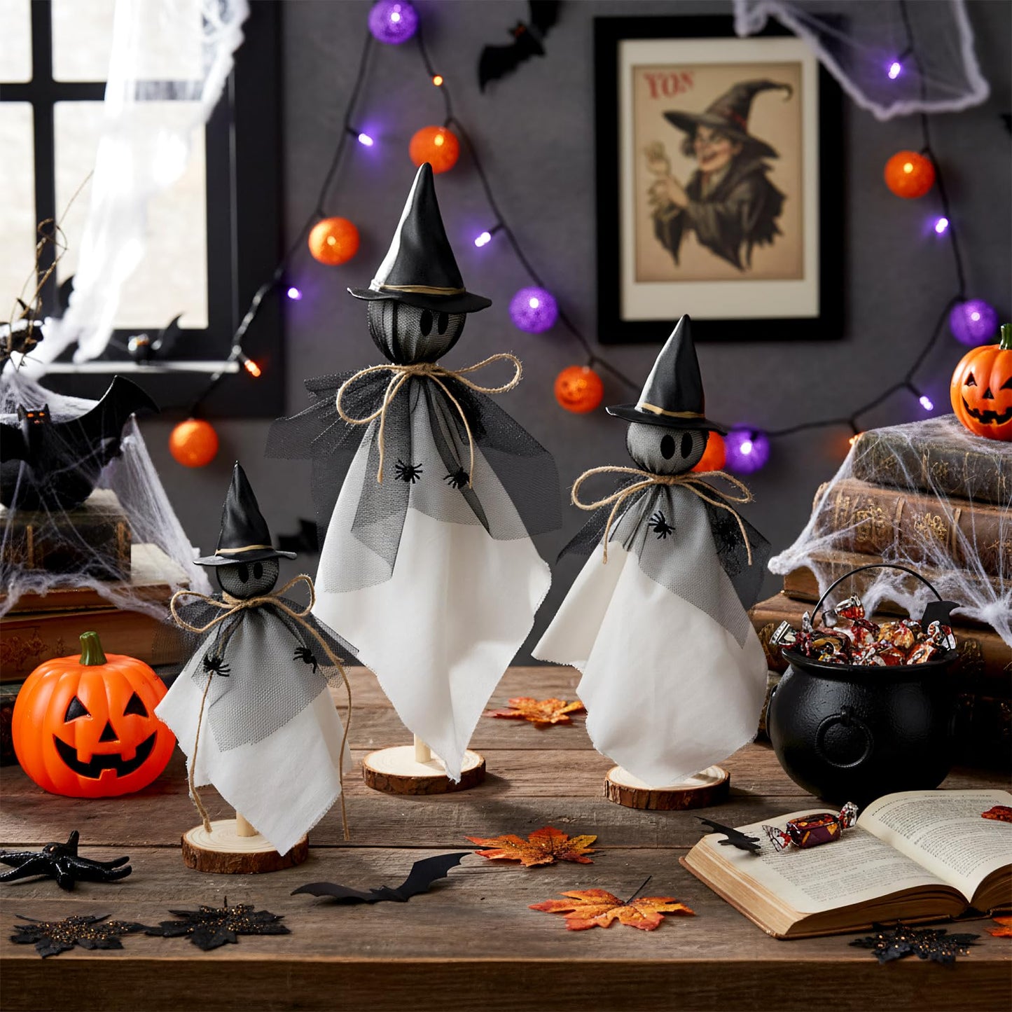 AceOrbit Halloween Decorations Indoor Ghost Set of 3 Sizes Primitive Ghost Wooden Stand Rustic with Witch Hat Spider Fabric Figure Shelf Sitters Table Centerpieces Tiered Tray Halloween Party Supply
