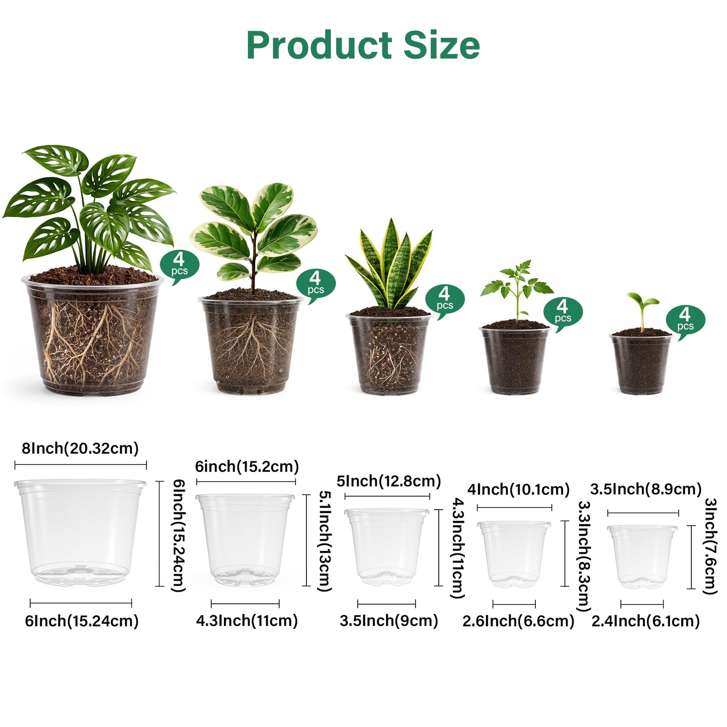 Bluepro 20 Pack 8/6/5/4/3.5 Inch Reinforced Large Clear Nursery Pots with Drainage Hole, Transparent Variety Pack Plastic Plant Pot for Vegetable Propagation, Root Cutting, Seed Starting