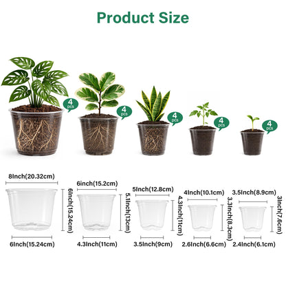 Bluepro 20 Pack 8/6/5/4/3.5 Inch Reinforced Large Clear Nursery Pots with Drainage Hole, Transparent Variety Pack Plastic Plant Pot for Vegetable Propagation, Root Cutting, Seed Starting