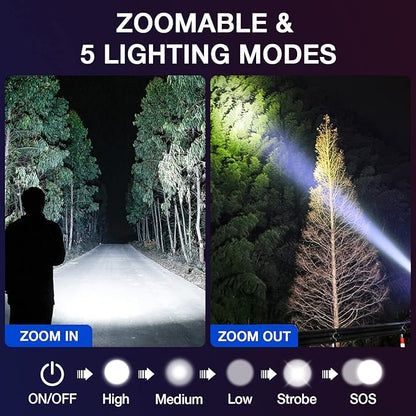 RECHOO Tactical Flashlight 4 Pack, Bright Zoomable LED Flashlight with High Lumens and 5 Modes, Waterproof Portable Pocket Flash Light for Emergency, Camping, and Outdoor Use - S1500