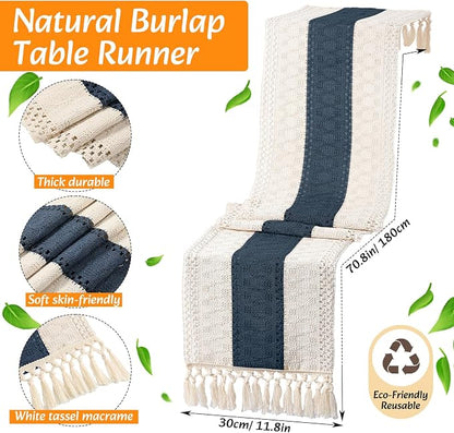 6 Sets Boho Decoration Placemats Round Woven Placemats, Cloth Napkins, Wood Bead Napkin Rings, Long Table Runner and Farmhouse Burlap Cotton for Table Kitchen (Blue,12x72)