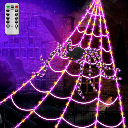 LCHUANG Spider Webs Halloween Decorations Lights - 250 LEDs Outdoor Halloween String Lights with 60" Light Up Spider,8 Modes Remote Control 16.4Ft Spiderweb,Waterproof (Orange+Purple)