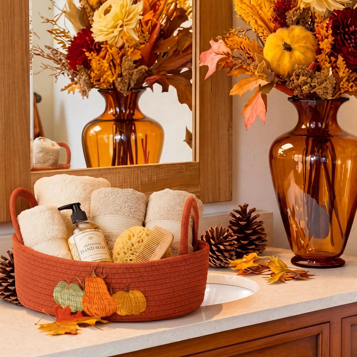 Vesici Pumpkin Toilet Paper Basket Boho Woven Cotton Rope Bathroom Countertop Organizer with Handle Orange Halloween Pumpkin Bathroom Storage Decor for Fall Halloween Bedroom Nursery, 13 x 6 x 4 Inch