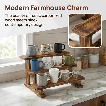 Ajerg 2 Pack 3 Tier Coffee Mug Display Shelf, Wooden Coffee Mug Holder Organizer for Countertop, Mug Storage Shelf for Coffee Station, Kitchen Cabinet, Pantry & Counter Display Rack