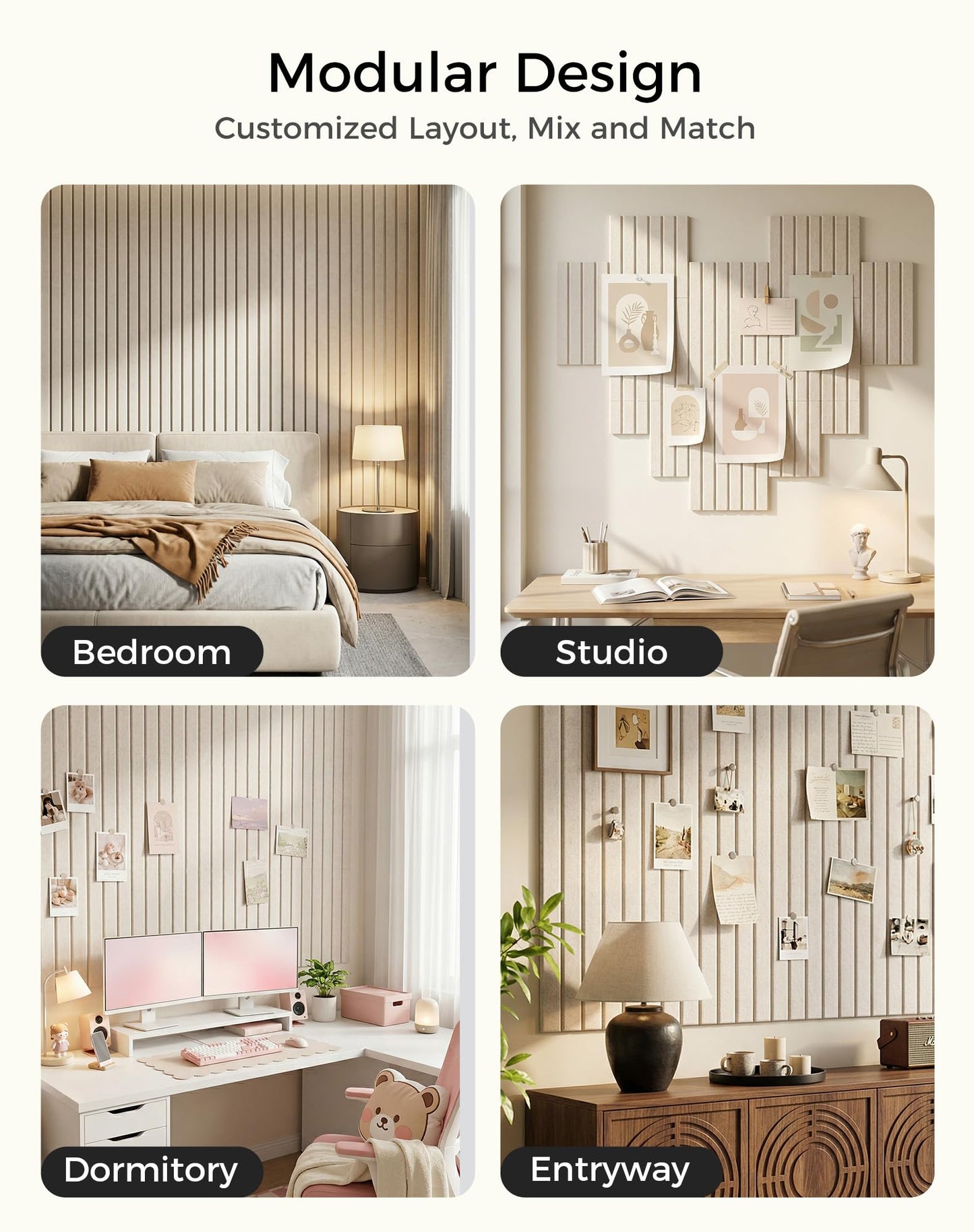 Aothia 12-Pack Felt Bulletin Board Tiles 48"x36", Modular Pin Board for Smooth Walls, Cork Board Alternative for Notes & Photos, 0.35" Thick, 70 Adhesive Tabs & 40 Pins, Oatmeal