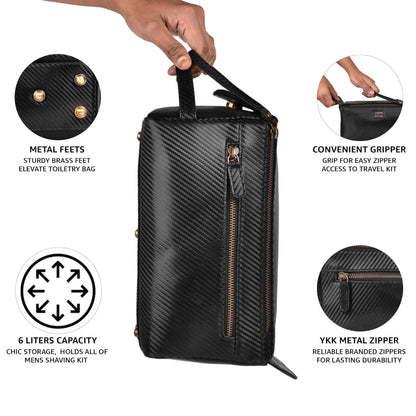LEATHER VILLAGE Genuine Carbon Fiber Genuine Leather Travel Toiletry Bag - Large Dopp Kit, Water-Resistance Bathroom & Shaving Organizer for Men & Women - Black