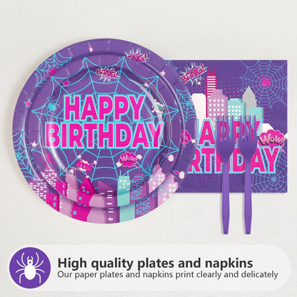 Greencian Purple Spider 3rd Birthday Party Decorations Purple Spider Themed Plates and Napkins Cartoon 3rd Decorations for 3 Years Old Boys Girls Kids Birthday Party Supplies