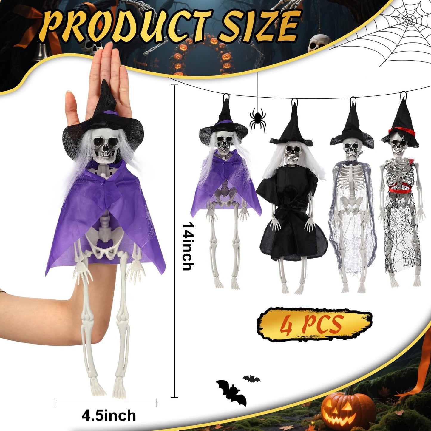 Poen 4 Pack 16" Halloween Hanging Skeleton Decorations Small Full Body Posable Skeletons with Movable Joints Plastic Mini Spooky Decor for Halloween Party Haunted House Lawn Graveyard Props (Witch)