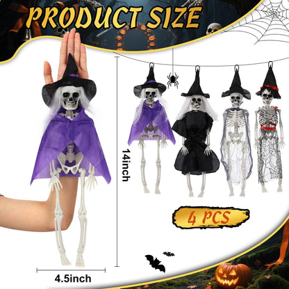 Poen 4 Pack 16" Halloween Hanging Skeleton Decorations Small Full Body Posable Skeletons with Movable Joints Plastic Mini Spooky Decor for Halloween Party Haunted House Lawn Graveyard Props (Witch)