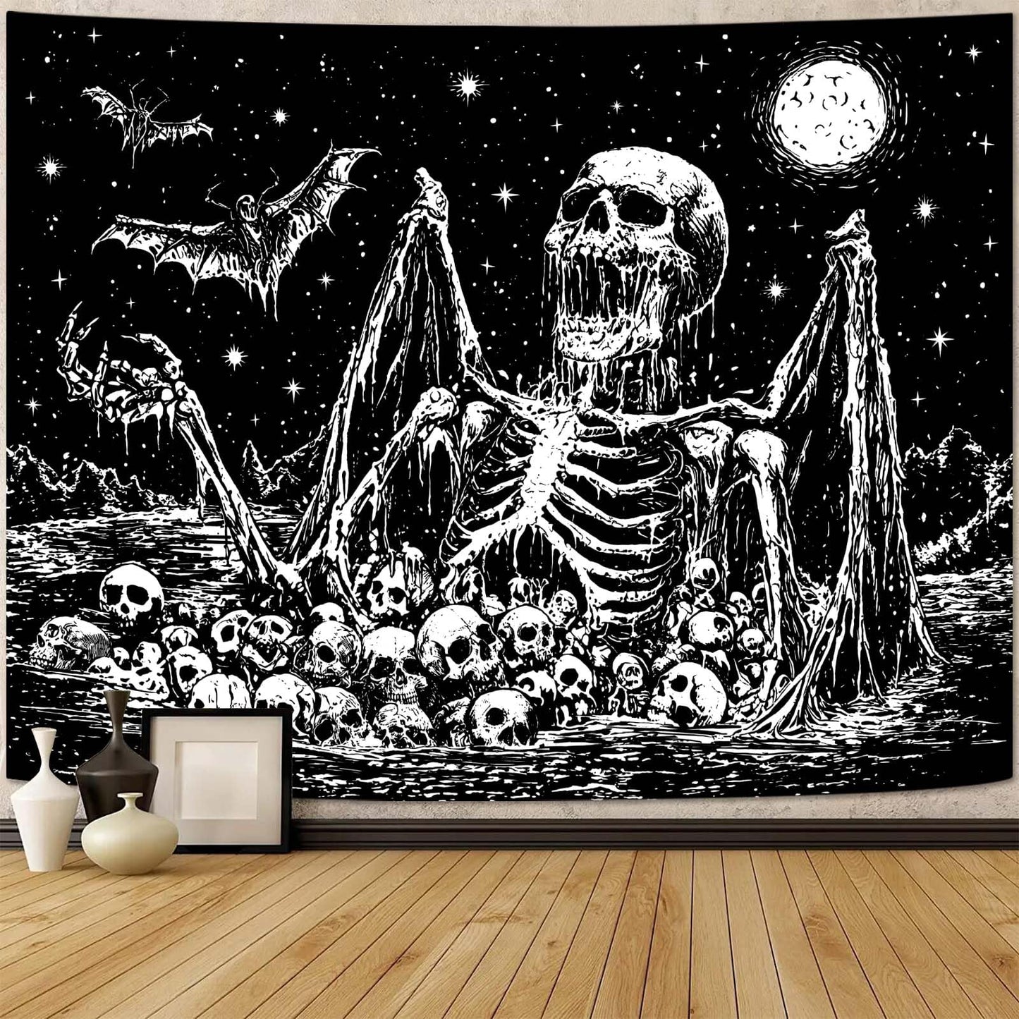 Gruaoihy Gothic Skeleton Tapestry, Horror Moon Skull Dark Death Bat Wall Art for Bedroom Grunge Room Decor, Black and White 44x60 inches