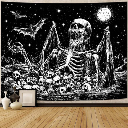 Gruaoihy Gothic Skeleton Tapestry, Horror Moon Skull Dark Death Bat Wall Art for Bedroom Grunge Room Decor, Black and White 44x60 inches