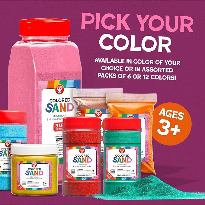 Hygloss Colored Sand for Crafts - 6 Assorted Colors - 1 lb Vibrant Colorful Fine Sensory Play Sand Art Kits for Kids - Classroom Activities for Children 3 4 5 6 7 8 9 10 11 12 - Safe for Ages 3+