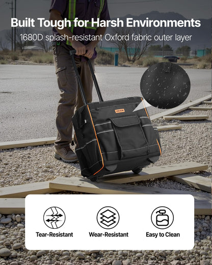 VEVOR 15" Rolling Tool Bag, 110 lbs Load Capacity, 25 Pockets Heavy Duty Roller Tool Bag on Wheels, Adjustable Telescoping Handle & Stable Base, Toolbag Organizers w/Wheels for Construction, Mechanic