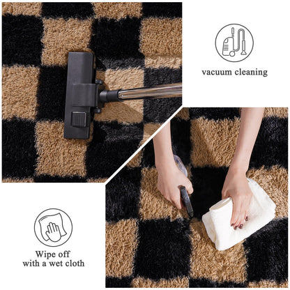 PIPABOBO Checkered Rug 4x6 for Bedroom, Fluffy Plush Area Rug Non Slip, Modern Indoor Shag Rugs for Living Room Girls Kids Room Nursery Dorm Home Decor, Black and Beige