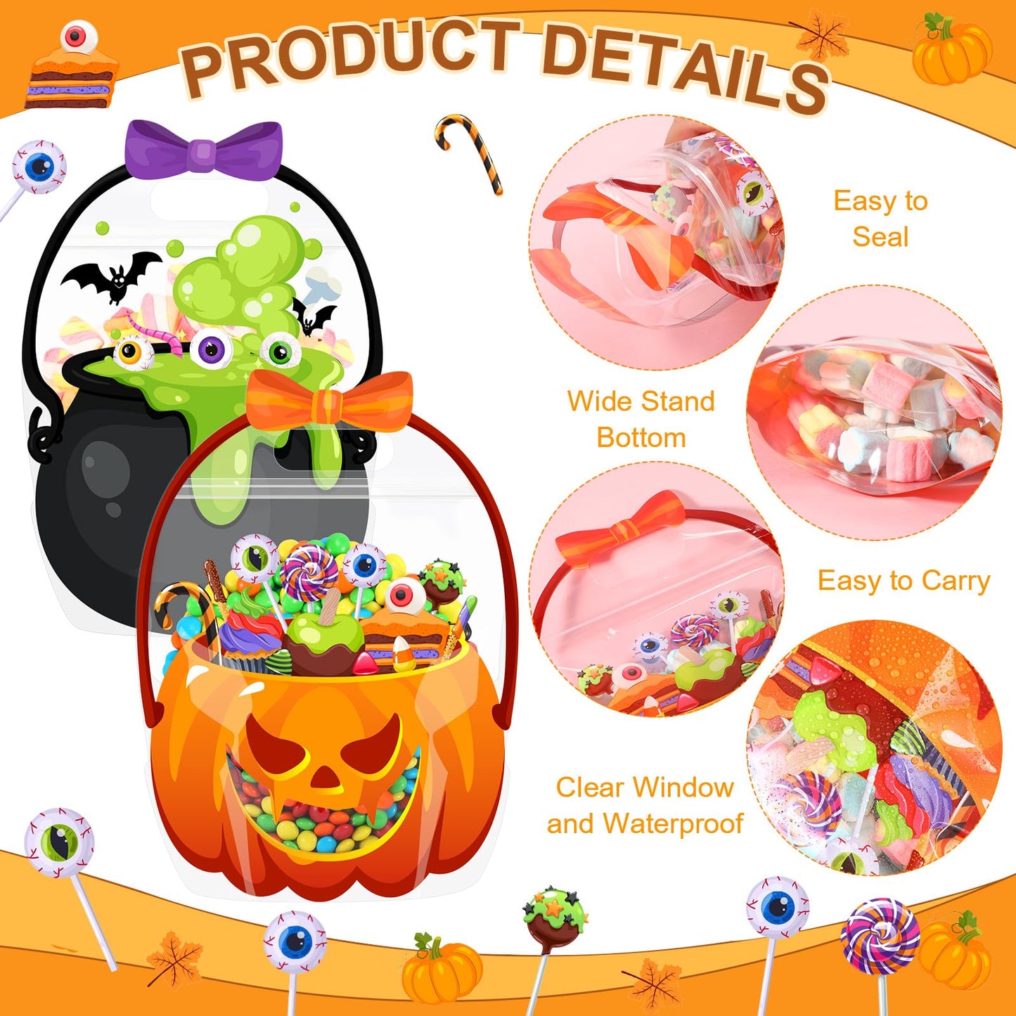 Fuutreo 50 Pcs Halloween Bags Plastic Halloween Goodie Bags with Handles Scary Cauldron Sealed Pouch Sealing Pumpkin Treat Candy Pouch for Scary Holiday Party Candy Gift Supplies Decor(Bubble Gourd)