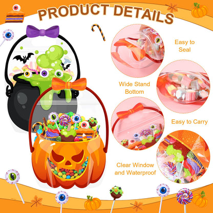Fuutreo 50 Pcs Halloween Bags Plastic Halloween Goodie Bags with Handles Scary Cauldron Sealed Pouch Sealing Pumpkin Treat Candy Pouch for Scary Holiday Party Candy Gift Supplies Decor(Bubble Gourd)
