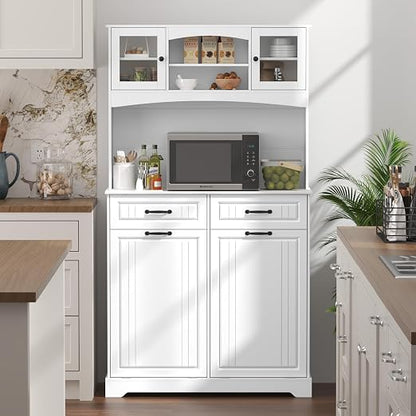 Double 13 Gallon Tilt Out Trash Can Cabinet with Deodorizing Function and Power Outlet, 71" Tall Wooden Garbage Can Holder Cabinet with 2 Storage Hutch & 2 Drawers for Kitchen and Dining Room, White