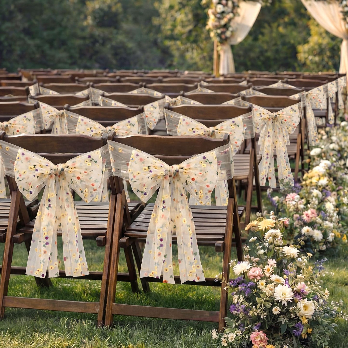 Jecery 16 Pcs Wedding Chair Decorations, Yellow Wildflower Chairs Sashes 6 x 108 Inch, Embroidered Tulle Chair Bows Ribbon Ties for Wedding Chairs Decor, Rustic Decor, Bridal Shower, DIY Craft