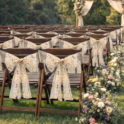 Jecery 16 Pcs Wedding Chair Decorations, Yellow Wildflower Chairs Sashes 6 x 108 Inch, Embroidered Tulle Chair Bows Ribbon Ties for Wedding Chairs Decor, Rustic Decor, Bridal Shower, DIY Craft