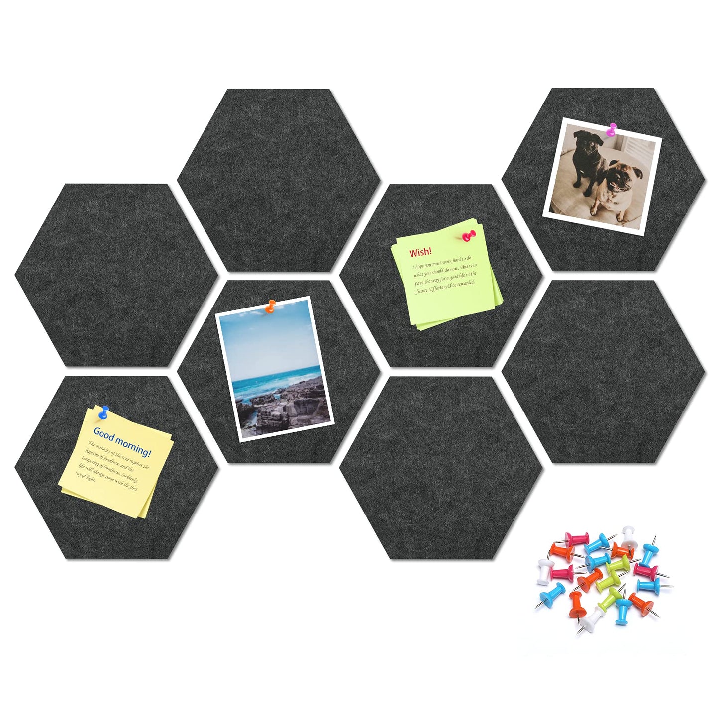 Uoisaiko 12" Large Bulletin Board with 30 Push Pins, Pack of 8 Hexagon Felt Pin Board Notice Boards for Home Office Kitchen, Felt Wall Tiles for Photos Memos
