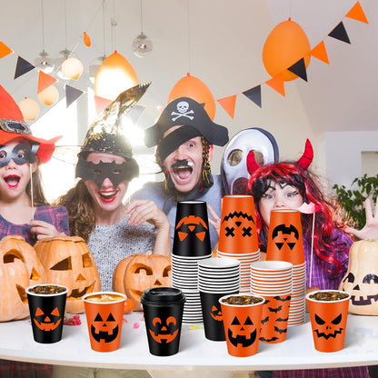 Hauwellter 100 Set Halloween Disposable Coffee Cups with Lids 12oz, Bulk Black Orange Pumpkin Disposable Party Paper Cups for Hot Chocolate Cold Drinks Halloween Birthday Party Supplies Decorations