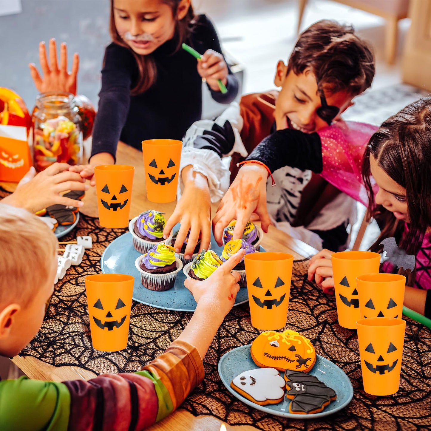 Dandat 48 Pcs Halloween Pumpkin Design Plastic Cups - Reusable Jack O Lantern Cups for Adults Kids Drinks Coffee Juice Party Supplies 8.8 oz