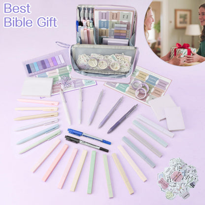 J6&H6 170Pcs Complete Bible Study Supplies, Bible Journaling Kit, Foldable Pencil Case with 75 Tabs,12 Pastel Bible Highlighters More Bible Accessories Set for Women, Beginner Christian Gifts (Purple)