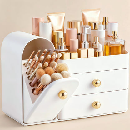HBlife Makeup Organizer Countertop with Drawers, Vanity Organizers with Brush Holder, Bathroom Counter Organizer for Perfume, Nail Polishes, Lipsticks, Skincare and Eyeshadow Palettes, White