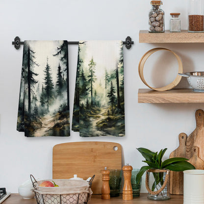 XNXLDYLH Dark Green Forest Camping Kitchen Towels and Dishcloths Sets of 2, Black Forest Mountain Bathroom Room Decor, Rustic Cabin Decor Dish Hand Tea Towels for Bathroom Kitchen, 16x24 Inch
